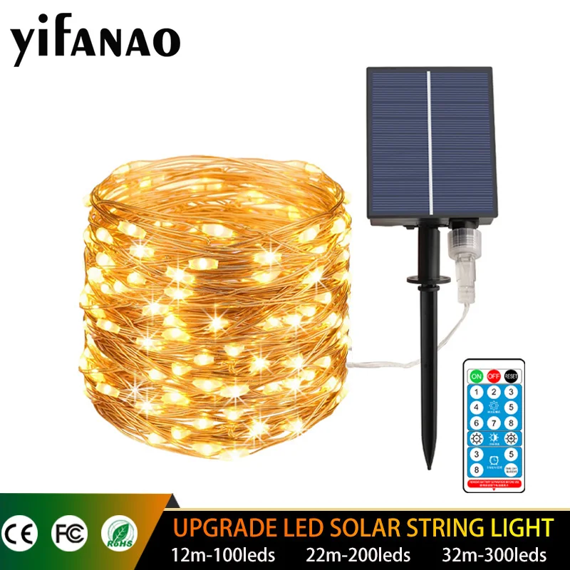 

12m/22m/32m LED Outdoor Solar Fairy String Lights with Remote Holiday Christmas Party Garland Solar Garden Waterproof Led Strips