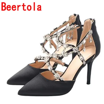 

New Women's Sandals Silk Crystal Party Sexy High Heels Women Chic Pointed Toe Behind Heels Zip Chaussures Femmes Red Black