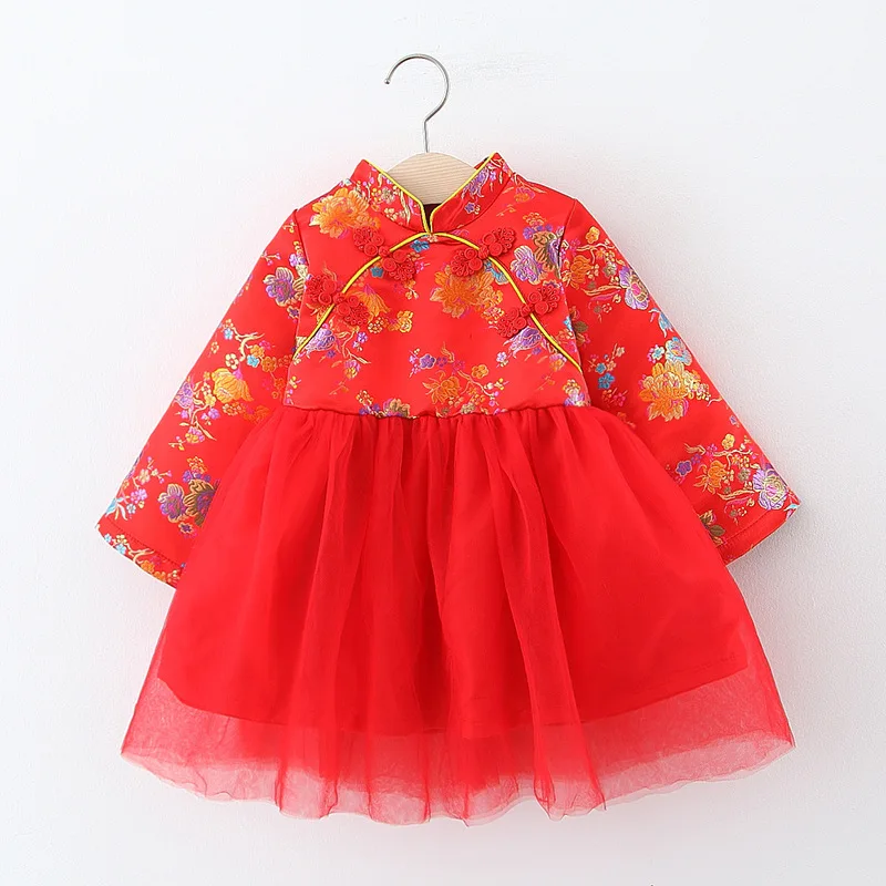 KINE PANDA/платье для девочек; китайское Новогоднее красное платье Ципао для маленьких девочек; зимняя одежда; vestido infantil; элегантные свадебные платья