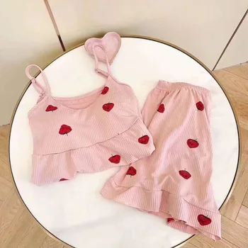 

100% Cotton Ruffles Women Pajamas Set Pink White Sleeveless Camis Shorts Pajama Womens 2020 Summer Strawberry Print Pyjama Woman