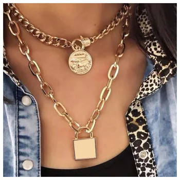 Vintage Layered Key Lock Pendant Necklace Bohemian Multilayer Gold Chain Collar Choker Necklace Fashion Punk Jewelry