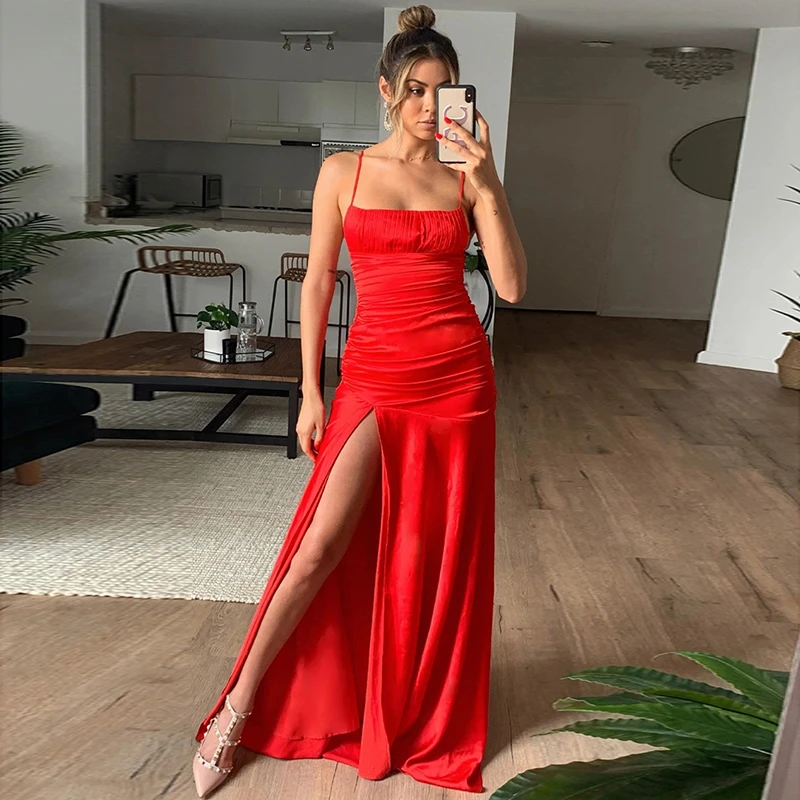 COSYGAL-vestido rojo sexi tirantes finos para mujer, vestido largo de fiesta con abertura alta, sin color sólido, 2020 _ - AliExpress Mobile