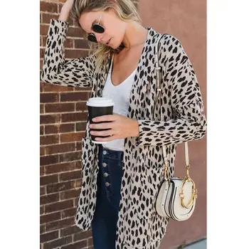

Fashion Women Leopard Print Cardigan Long Winter Pockets Coats Ladies Poncho Casual Long Sleeve Sweater Cardigan Straight Tops
