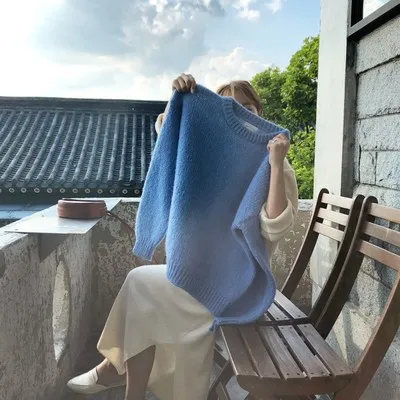 7 цветов в Корейском стиле однотонные вязаные свитеры женские повседневные свободные свитера с длинными рукавами женский джемпер большого размера(X7049 - Цвет: Синий