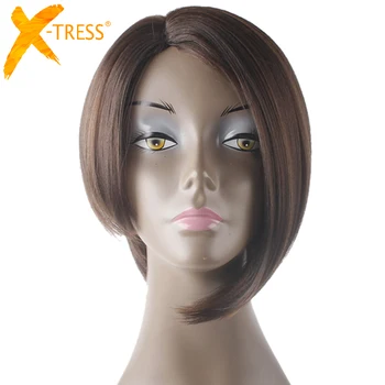 

Short Straight Bob Wigs Side Part High Temperature Fiber Hairpiece X-TRESS Ombre Color Synthetic Layered Wig For Black Women