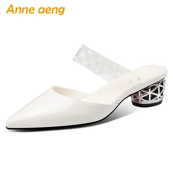 

2020 New Summer Genuine Leather Outside Women Slippers Middle Metal Heel Pointed Toe Sexy Ladies Women Shoes Beige Mules Slides