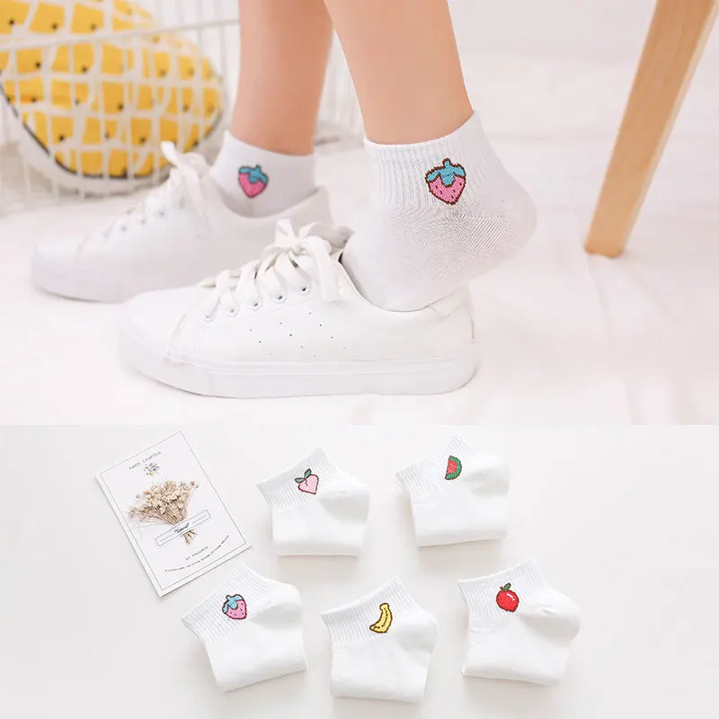 Однотонные носки с фруктовым принтом; женские хлопковые носки с принтом банана, арбуза, персика, клубники, яблока; повседневные летние носки в стиле Харадзюку