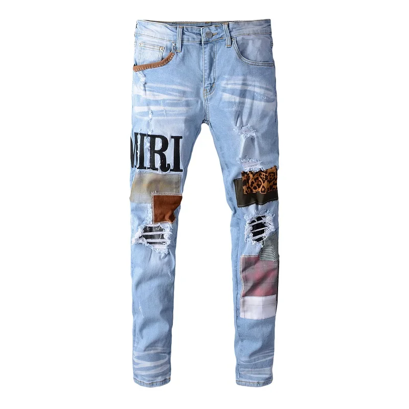 Fashion Patch Ripped Blue Jeans Men 