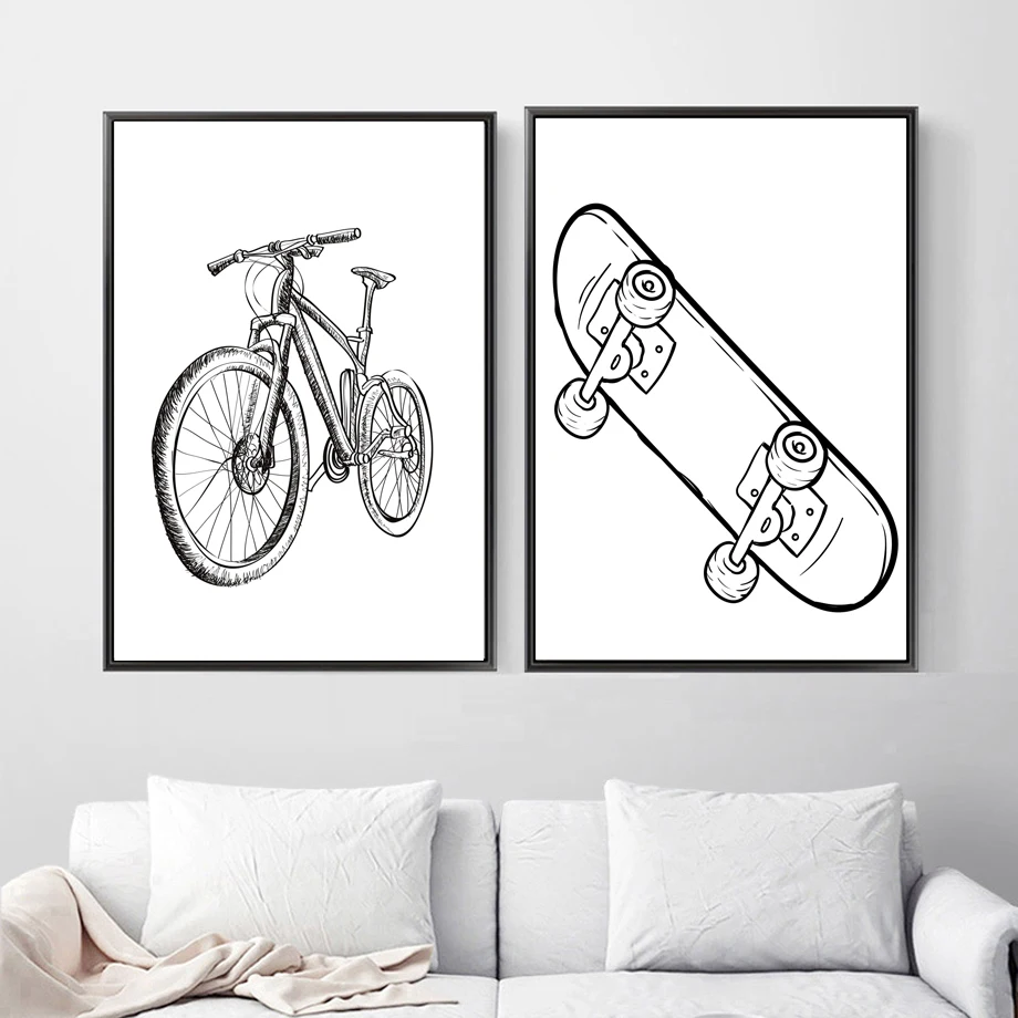 Мультфильм рисунок в виде линий велосипед Скутер Wall Art Холст Картина без рамки