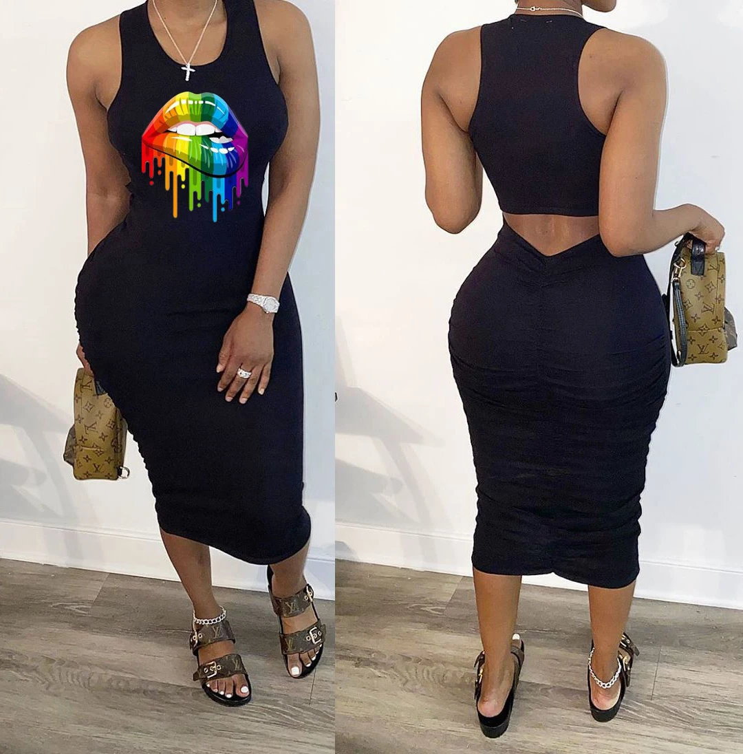 2020 Women Summer Midi Dress Sexy Sleeveless Mouth Print Bandage Party Night Club Casual Fashion Street Dresses Vestidos GL8694
