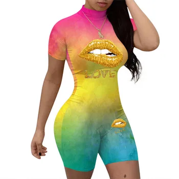 

2020 New Tie Dyeing Print Jumpsuit Rompers Sexy Women Lips Print Turtleneck Bodycon Summer Hot Short Sleeve Rompers Shorts Pants