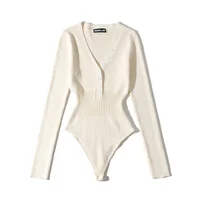 Summer one piece outfits for women sexy deep v neck bodysuit women bodycon bodysuit long sleeve button up bodysuit knitted - Image 2