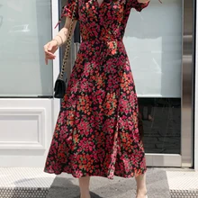 Женское платье высокого качества из тяжелого шелка с принтом, платье с короткими рукавами, романтичное платье с v-образным вырезом