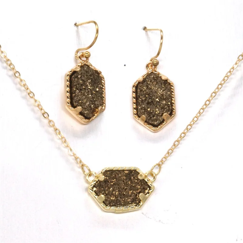 Druzy Drusy ожерелье серьги ювелирный набор Смола серьги с камнем золото шестиугольник Висячие серьги для женщин вечерние - Окраска металла: D brown