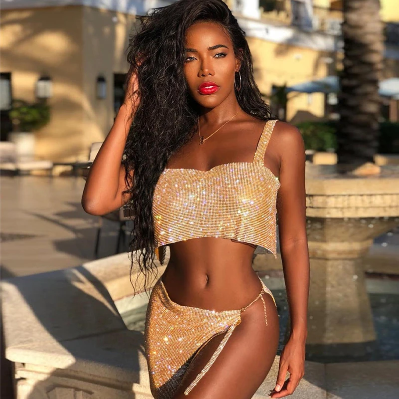

Sexy 2 Pieces Sets crop top skirt Backless sparkly Rhinestone Diamond Luxury Gold Silver Bling party club designer runway stage