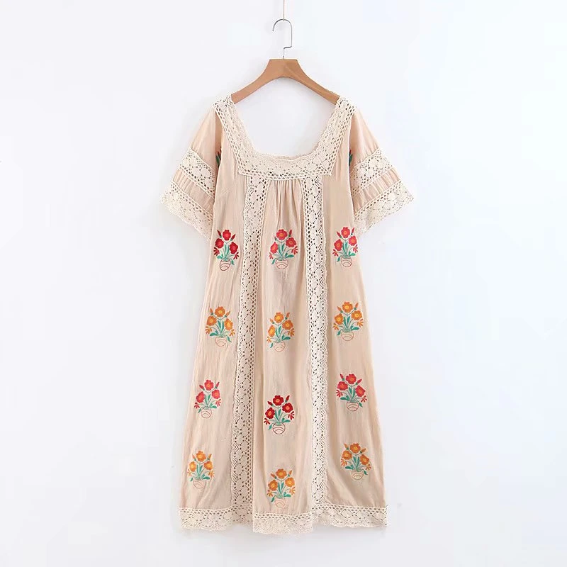 Boho шикарное женское пляжное богемное платье с цветочной вышивкой и коротким рукавом, женское льняное Хлопковое платье миди с воротником - Цвет: 01