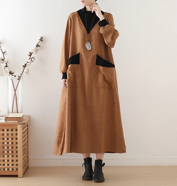 

Women Maxi Long Dress 2019 Autumn Patchwork A Line Long Sleeve Pattern Kntting Dresses Cotton Loose Party Vestidos Plus Size