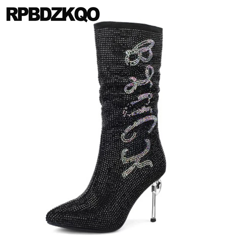 Metal Heel Boots Diamond Big Size Faux Fur Shoes Mid Calf Black Pointed Toe Sheepskin High Women Wedding Sparkly Stiletto Bling | Обувь