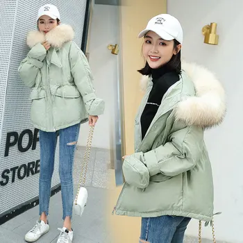 

2020 New Winter Fashion Parka Korean Gloves Cotton Padded Jacket Women Hooded Big Fur Warm Coat Girdling Casual Loose Outwear