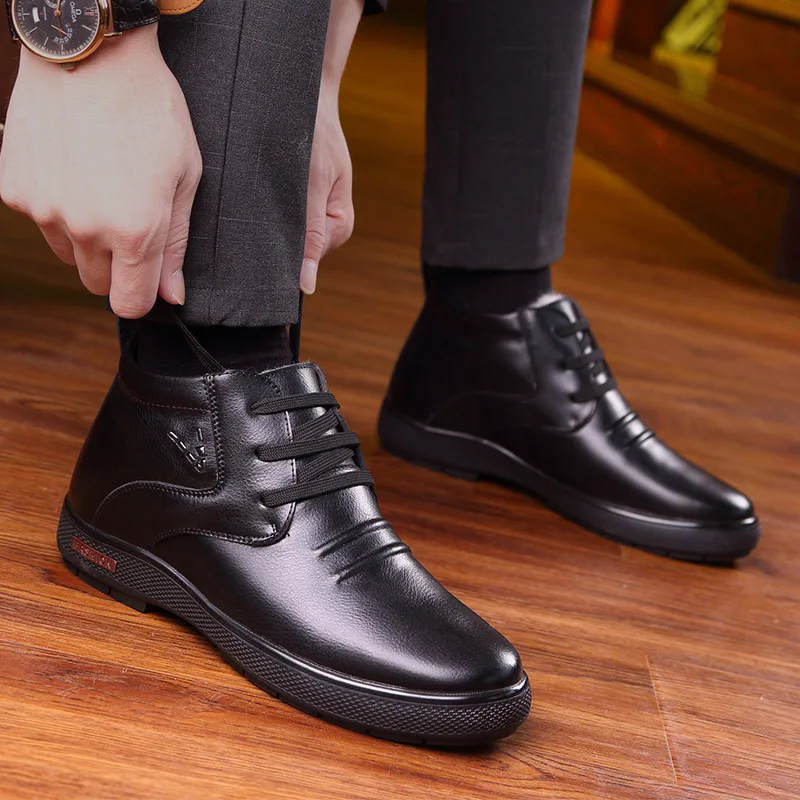 

Winter New Style Men Genuine Leather Wool in Warm MEN'S SHOES plus Velvet Hight-top Casual Cotton-padded Shoes Lace-up Short Boo