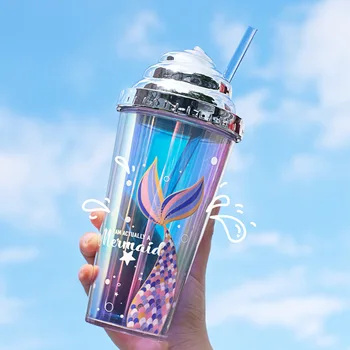 

Electroplated Cover Mermaid Water Bottles Plastic 420ml Water Bottle for Kids Bpa Free Ice Cream Shaped Cup with Straw Cute