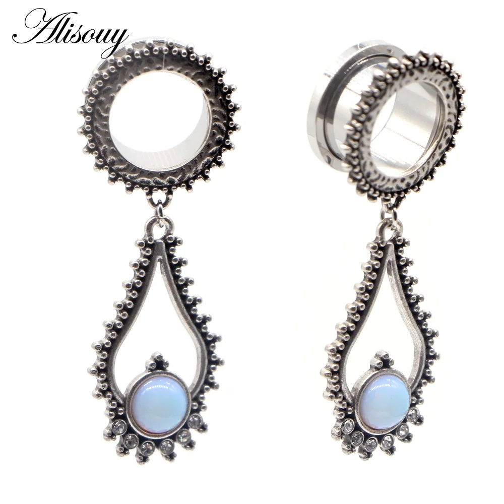 EM0875G Water Drop Alisouy 2 шт. ушные туннели и Плаги плоти 6-30 мм нержавеющая сталь, Висячие Серьги Туннели расширитель Набор ушко ювелирные изделия для пирсинга тела - Окраска металла: EM0875G Water Drop