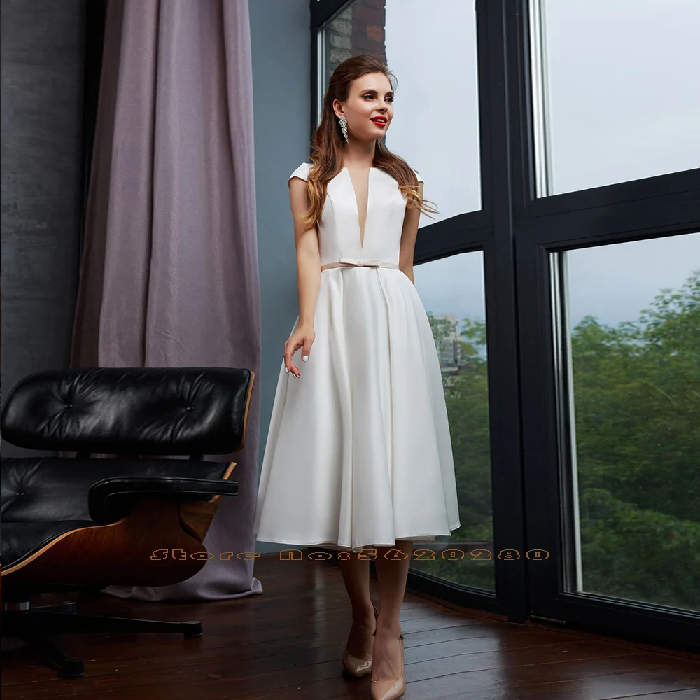 

Satin Short Wedding Dresses Summer Vestido De Noiva Curto Cap Sleeve Lace Up Tea-Length Bow Simple Wedding Gowns Gelinlik