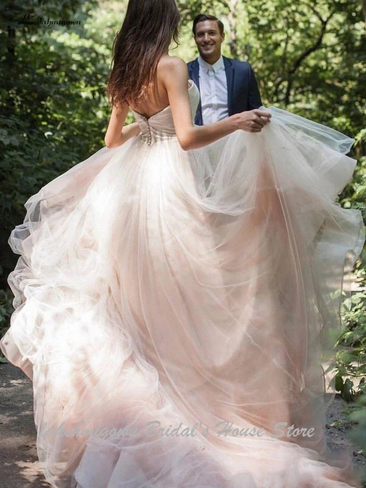Blush Pink Lakshmigown Бохо свадебное платье румяно-розовые пляжные свадебные платья Тюль свадебное платье на тонких бретелях Robe de Soiree - Цвет: Blush Pink