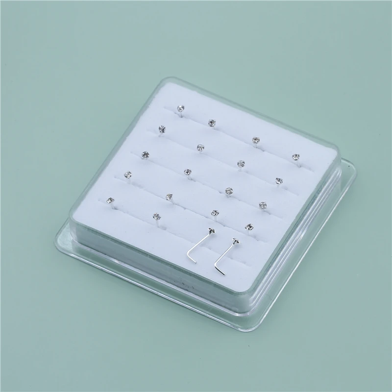 20PCS/Box Sterling L Shape Nose Stud Ring 2mm Clear Crystal Nose Piercing Body Jewelry nose piercings
