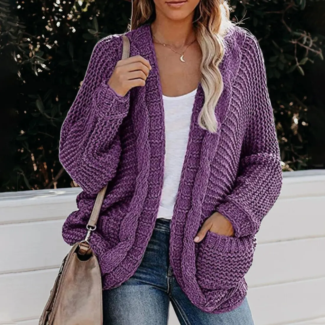 Suéter de punto de manga larga para mujer, cárdigan de punto liso, ropa cálida informal para otoño e invierno, 2020