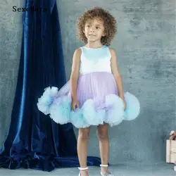 Милое Пышное фатиновое платье с оборками и фиолетовым и синим цветком для девочек, вечерние платья для танцев, рождественское бальное