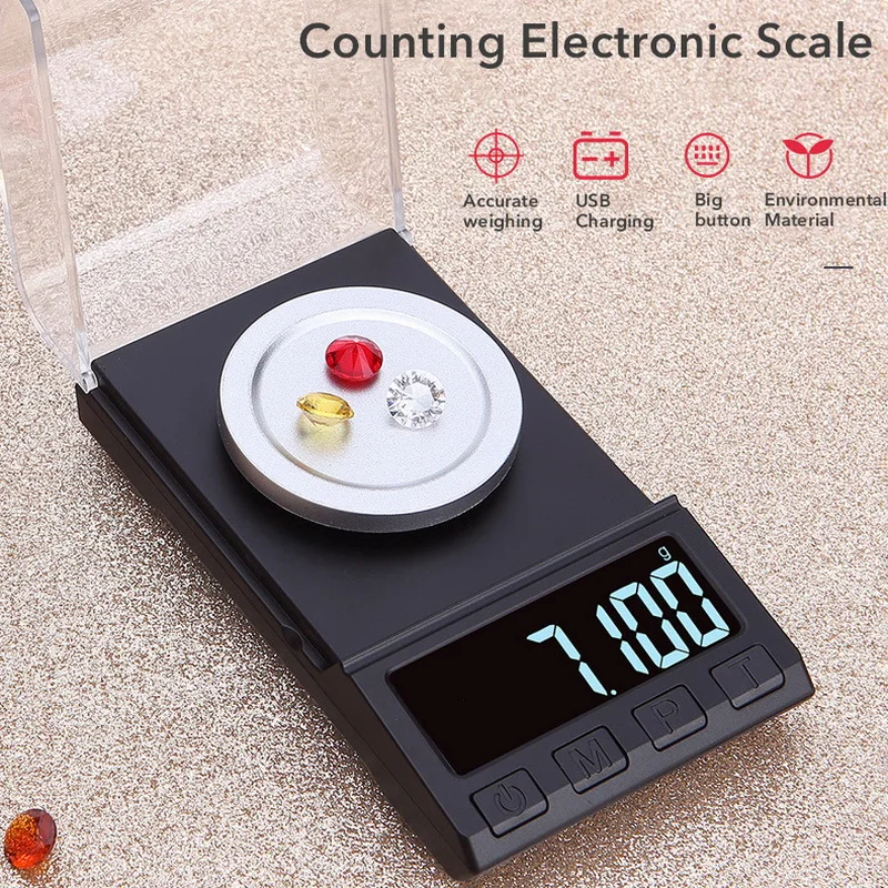 

10/20/50/100g 0.001g Kitchen Digital Scales Portable Food Scale with Stainless Steel Weighting Platform LCD USB Charging