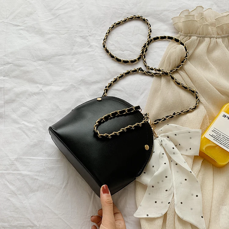 New Fashion Shell Bag With Silk Ribbon Chain Shoulder Bag Solid Color Handbags Women Small Crossbody Bags