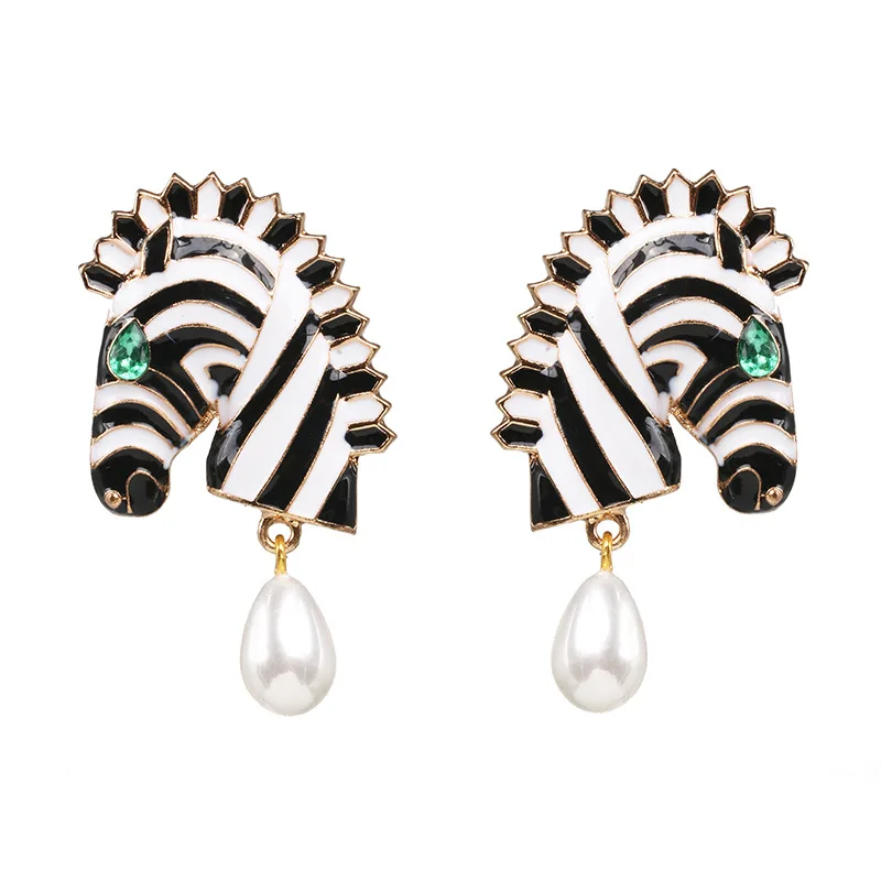 

Rongho Hyperbole Enamel Zebra Stripe Earrings for Women Pearl Drop earring Femme Brincos Crystal Animal Earring 2019