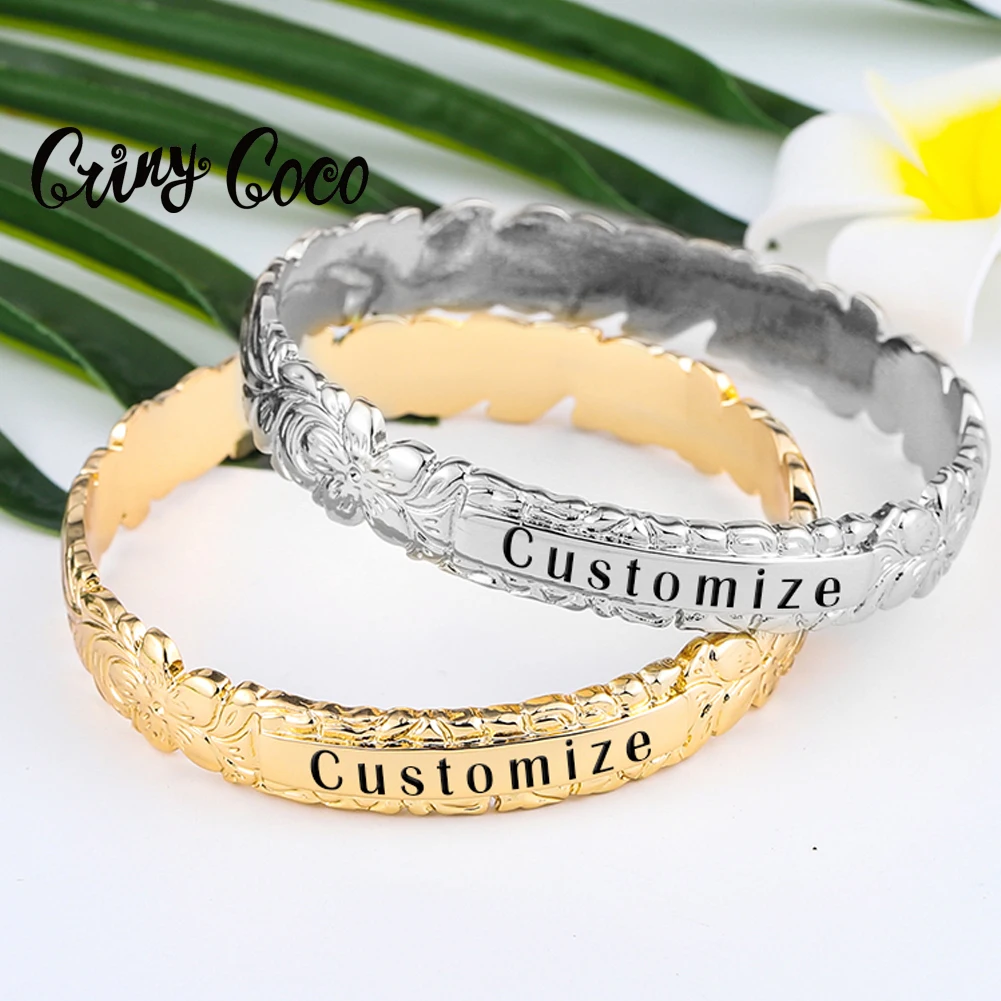 Hwaiian Customized Name Bracelet Fashion Letter Bangle Bracelets Samoa Polynesian Plumeria Flower Bangles Jewelry for Women Gift