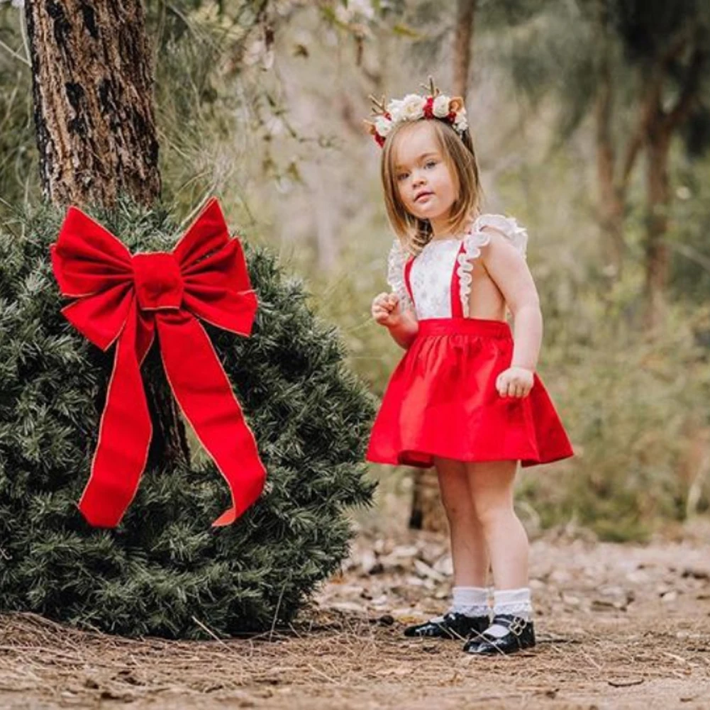 Веселое рождественское Эксклюзивное платье принцессы с рюшами и пайетками для маленьких девочек, одежда кружевной топ без рукавов+ красное платье с нагрудником, комплект