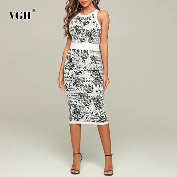 

VGH Print Letter Hit Color Dress For Women O Neck Sleeveless High Waist Slim Pencil Dresses Female 2020 Spring Fashion New