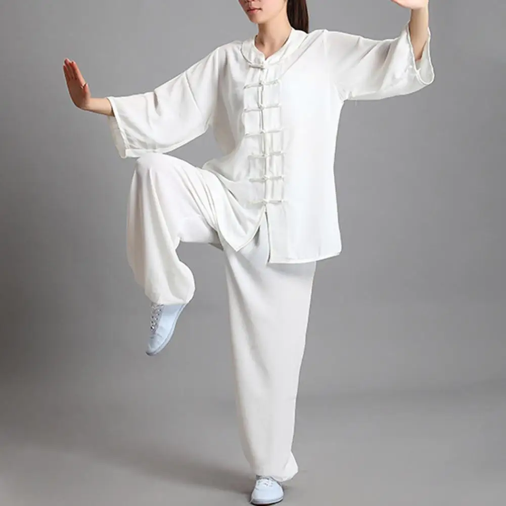 Tai Chi Clothing Chinese Traditional Kung Fu Suit 2Pcs/Set Unisex Practice Button Placket Shirt Loose