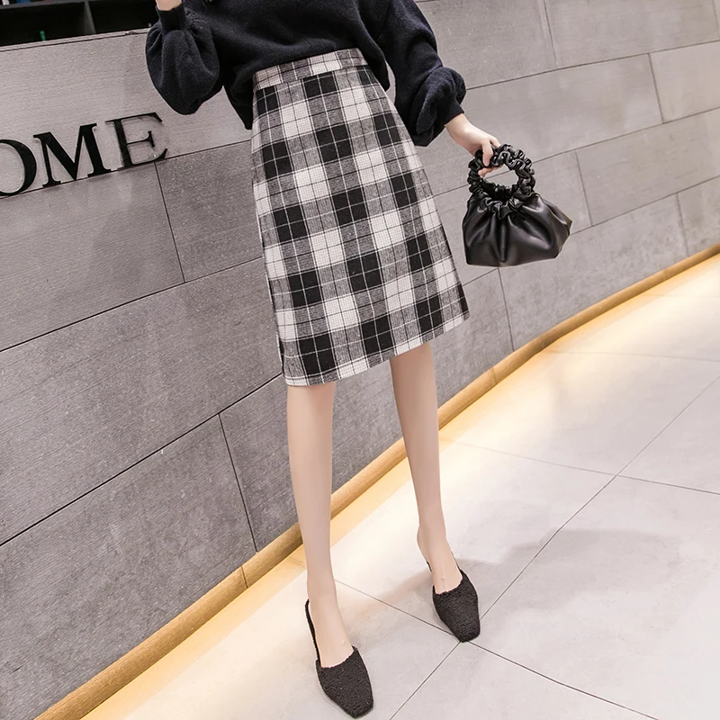 black white plaid Осенняя элегантная клетчатая длинная миди юбка для женщин зима Высокая талия harajuku шерстяная Женская юбка плюс размер jupe женские юбки - Цвет: black white plaid