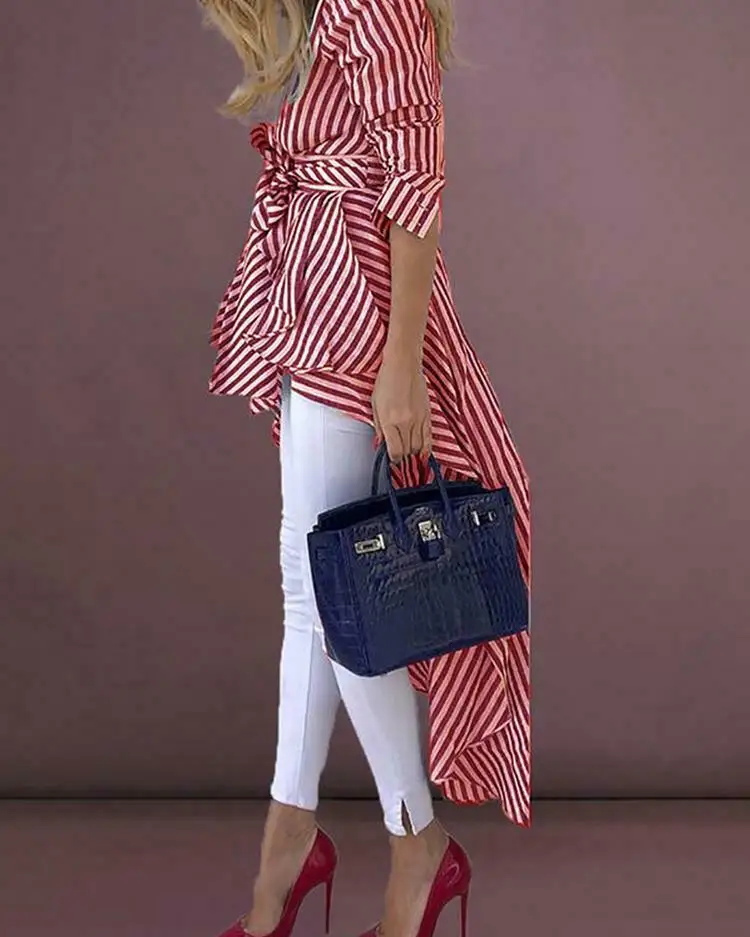 Plus Size 2019 Women Long Sleeve V-neck Autumn Blouse Lady Loose Long Style Design Chic Dovetail Striped Shirt Plus Size 2019 Women Long Sleeve V-neck Autumn Blouse Lady Loose Long Style Design Chic Dovetail Striped Shirt