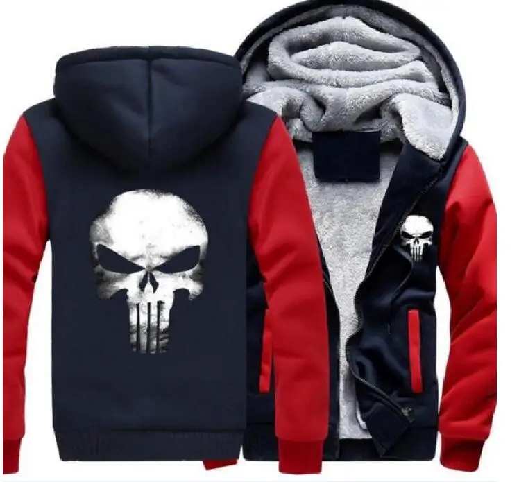 dark blue red Толстовки модные Каратель с капюшоном флисовое плотное пальто шерстяная подкладка зимняя теплая Мужская Фитнес утолщенная куртка на молнии толстовки pp - Цвет: dark blue red