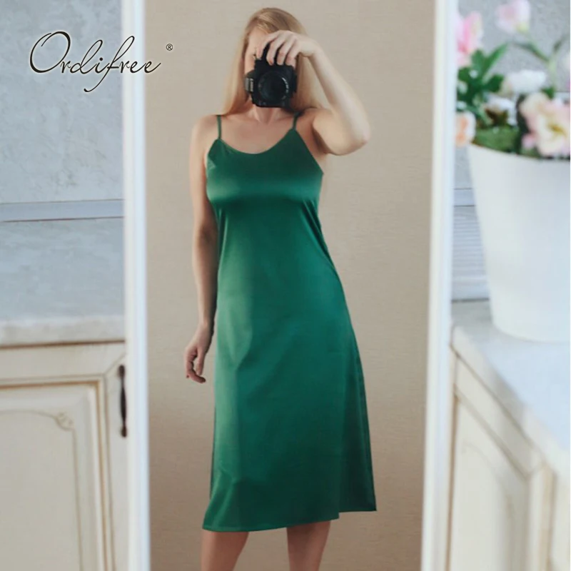 

Ordifree 2022 Summer Women Satin Slip Dress Silk Vintage Spaghetti Strap Gree Red Sexy Party Dress