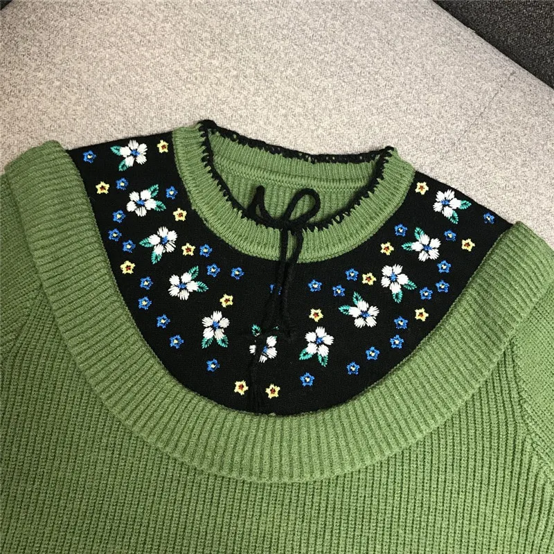 Роскошный дизайнерский брендовый вязаный свитер для женщин Causel Ruffles вышитые цветы длинный рукав Свободные авокадо вязаные пуловеры
