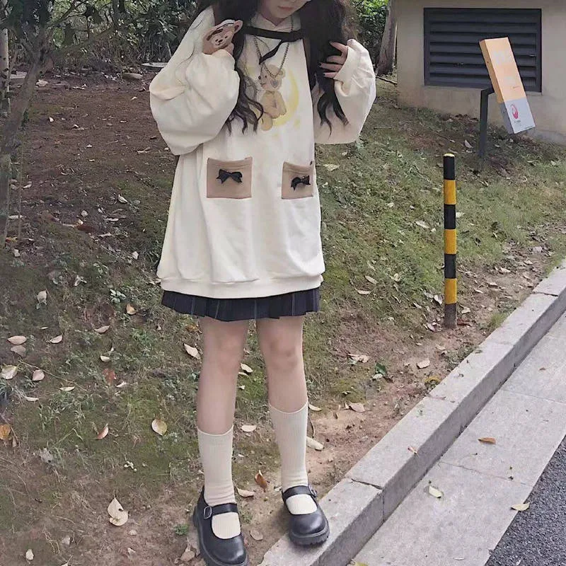 Милый Harajuku японский медведь печати толстовки для женщин Kawaii готический панк Негабаритных Толстовки с капюшоном крутой пуловер уличная Толстовка