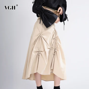 

VGH Casual Loose Asymmetrical Skirts For Female High Waist Ruched Patchwork Bowknot Midi Irregular Hem Skirt Women Fashion Tide