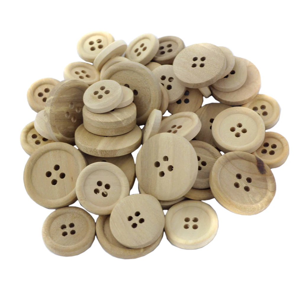 50 NATURAL ROUND WOODEN BUTTON MIXED SIZE SEWING HABERDASHERY CARD SCRAPBOOK