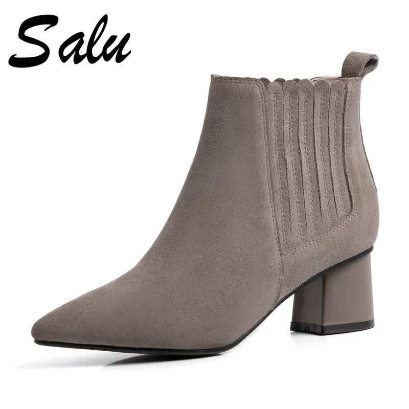 

Salu Top Quality Cow Suede Women Ankle Boots pointed Toe Square Heels Zipper Elegant Chelsea Boots Autumn Winter Basic Shoes