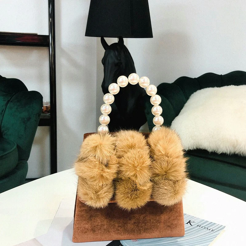 

Women'S Pearl Handle Totes Handbags Rabbit Fur Bag Box Evening Bag Vintage Female Top-Handle Purse Shoulder Bag