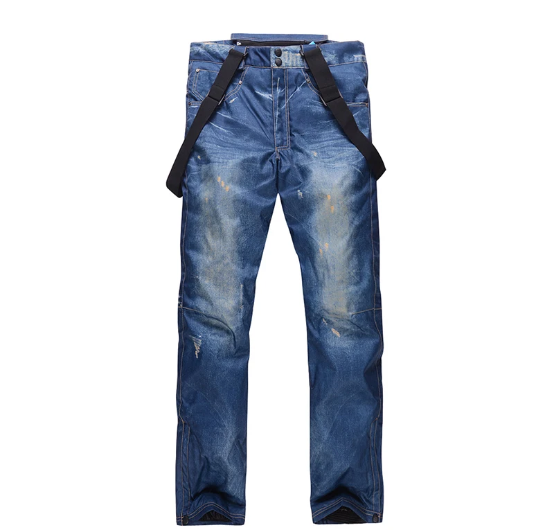 Новые джинсовые мужские лыжные брюки с полной защитой, зимние водонепроницаемые брюки-ветровки с плечевыми ремнями, джинсы для сноуборда на открытом воздухе