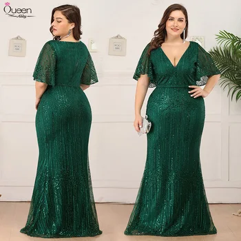 

Plus Size Sequined Evening Dresses Long Deep V-Neck Ruffles Sleeve Tulle Sparkle Mermaid Women Party Gowns Robe Femme Soiree